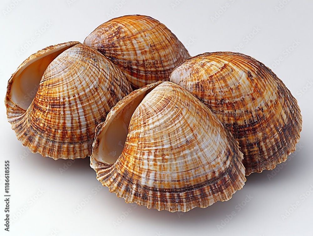 Striped Shells: A Close-Up of Four Brown and White Seashells Striped Shells: A Close-Up of Four Brown and White Seashells