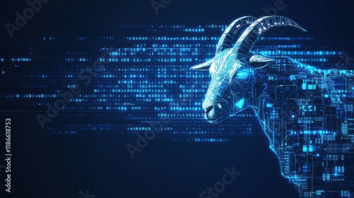 A digital representation of a goat with glowing blue geometric patterns, symbolizing the fusion of technology and nature.
