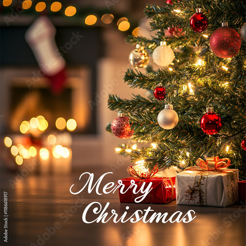 Festive Christmas Tree with Presents Lights and Fireplace Background