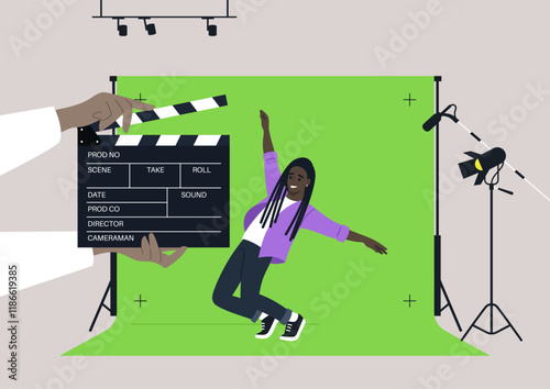A lively character dramatically pretends to fall off a cliff while acting safely in a well-lit chroma key studio, The vibrant backdrop highlights the creativity of cinematic production in action