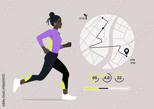 A female jogger strides confidently along a marked route, tracking her distance and performance metrics in a lively city, She embodies fitness and determination