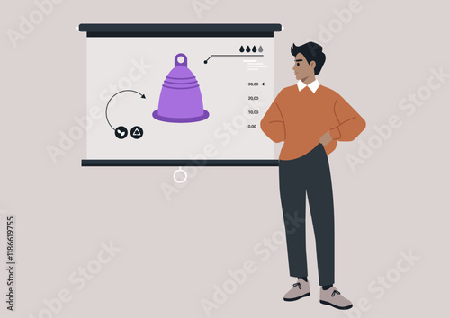 An educator stands confidently next to a projection displaying a menstrual cup, sharing essential insights on its benefits, usage, and health impact in a workshop setting designed for open discussion