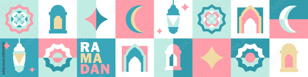 Fototapeta premium Panoramic banner for Ramadan with geometric and Islamic motifs: crescent moon, lantern, mosque arches, Arabic patterns, star, bold text. Header in flat style in pink, turquoise, golden, white colors