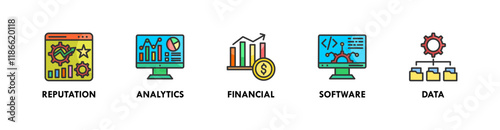 Marketing mix banner web icon vector illustration concept with icon of reputation, analytics, financial, software, and data