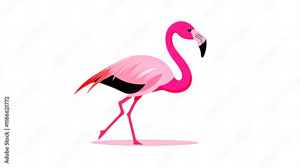 Fototapeta premium Pink flamingo standing on one leg against a white background.