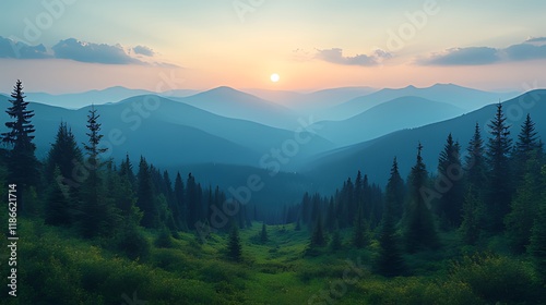 Serene sunset over misty mountain range, lush green valley, dark evergreen trees.