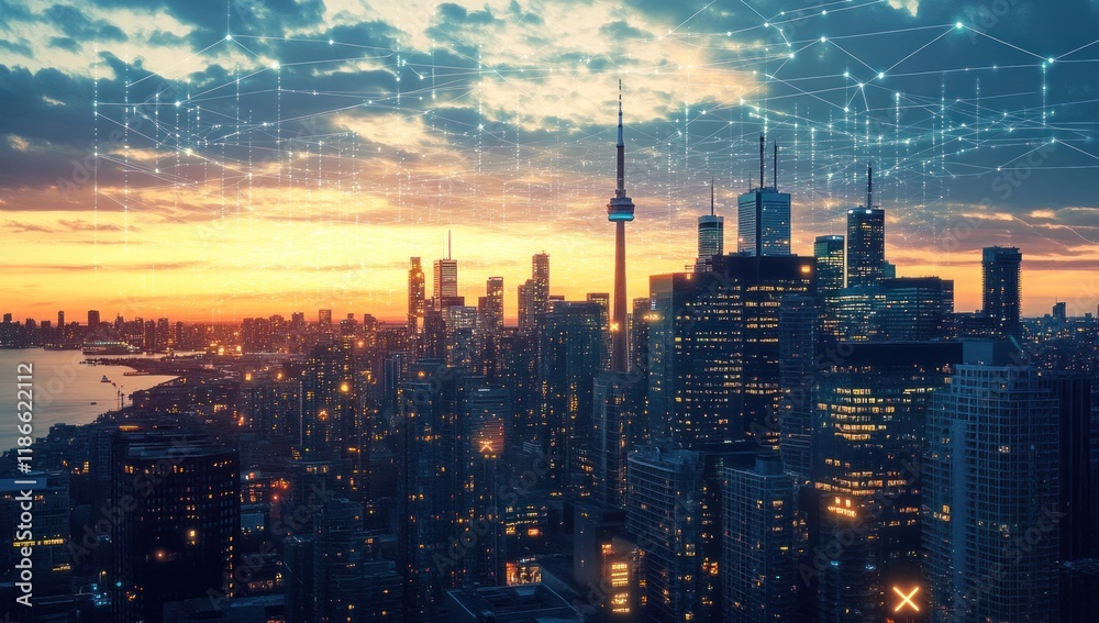 Fototapeta premium Toronto Skyline at Sunset: A Networked Cityscape in Warm Hues