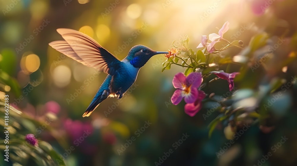 Fototapeta premium Tropical paradise with hummingbird and colorful flora.