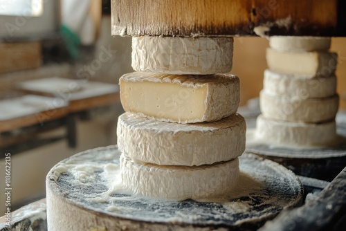 Pressing cheese in molds with hydraulic weight system to remove excess whey during cheese making process in artisan workshop photo