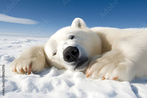 Schlafender Eisbär auf einer schneebedeckten Eisfläche unter blauem Himmel
 photo