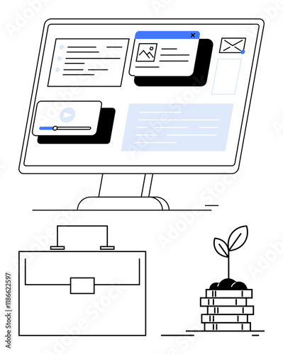 Desktop screen displaying files, videos, and email. Includes a briefcase and a plant sprouting from coins. Ideal for productivity, growth, sustainability, finance, innovation investment abstract