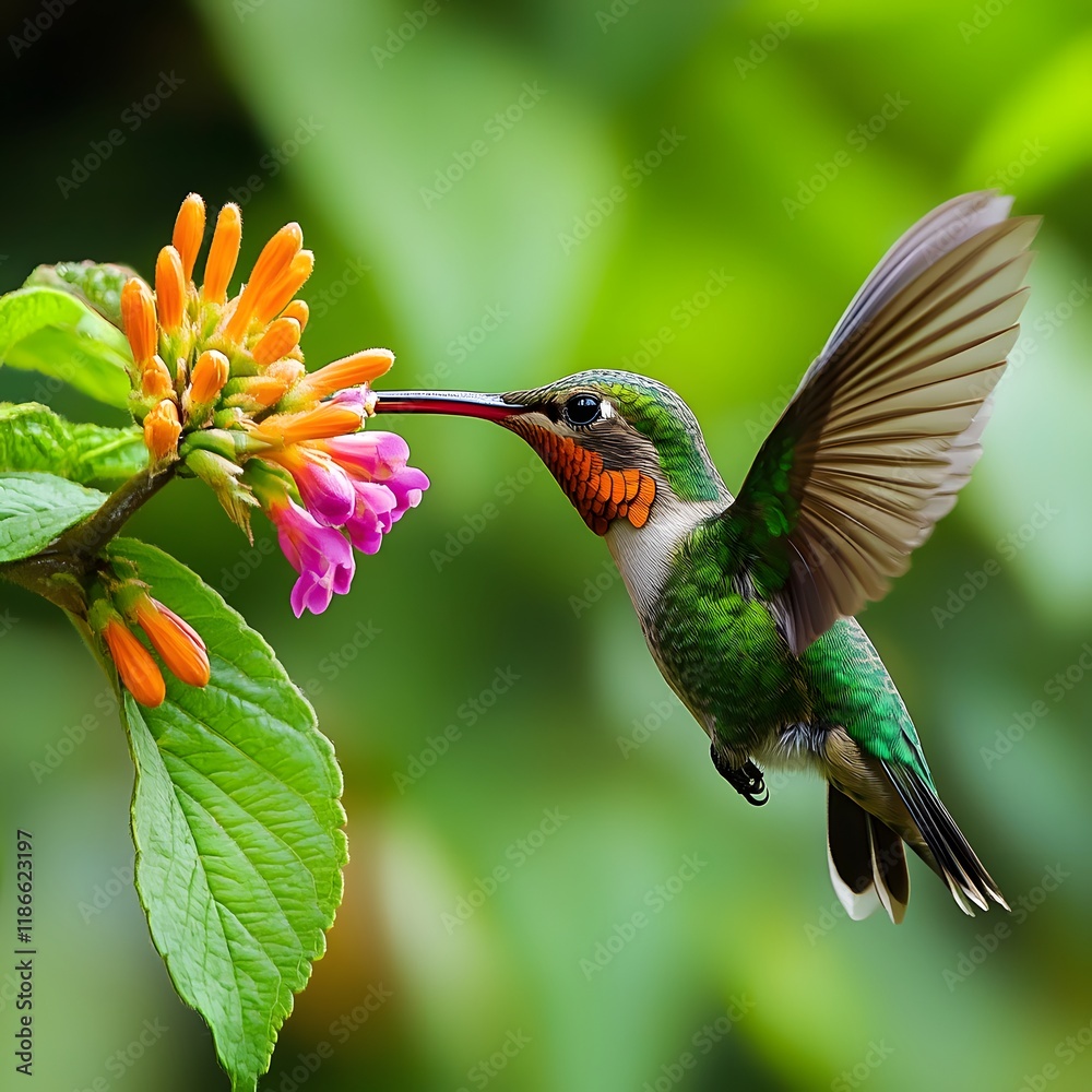 Fototapeta premium Vibrant hummingbird feeding on colorful garden flowers.