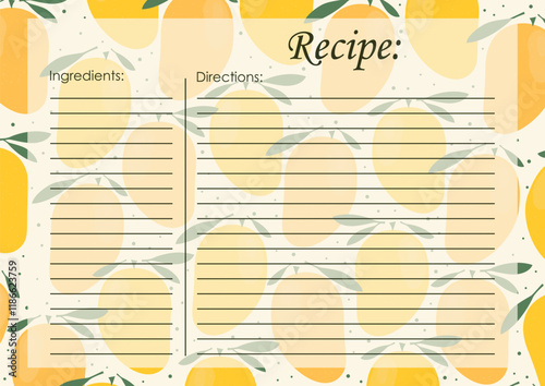 Recipe card template, juicy fruits blank. Cartoon recipe card template illustration