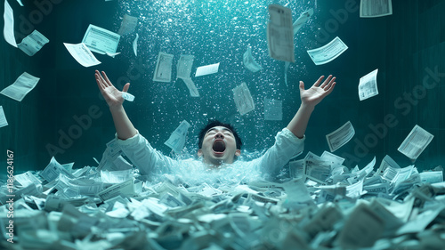 person submerged in water surrounded by floating money, expressing joy and excitement. scene captures surreal moment of abundance and freedom