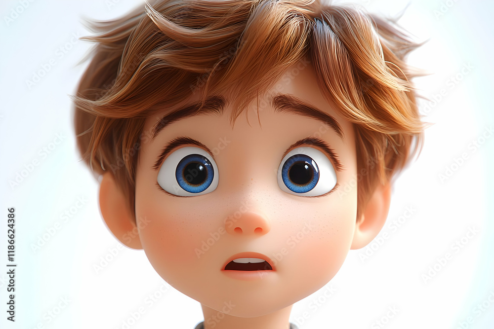 Close-up portrait of a surprised young boy with bright blue eyes and brown hair, 3D rendered illustration Close-up portrait of a surprised young boy with bright blue eyes and brown hair, 3D rendered illustration