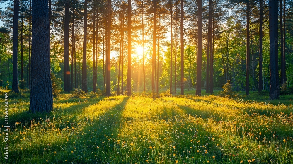 Fototapeta premium Serene Sunrise in Forest with Sunlight Streaming Through Trees