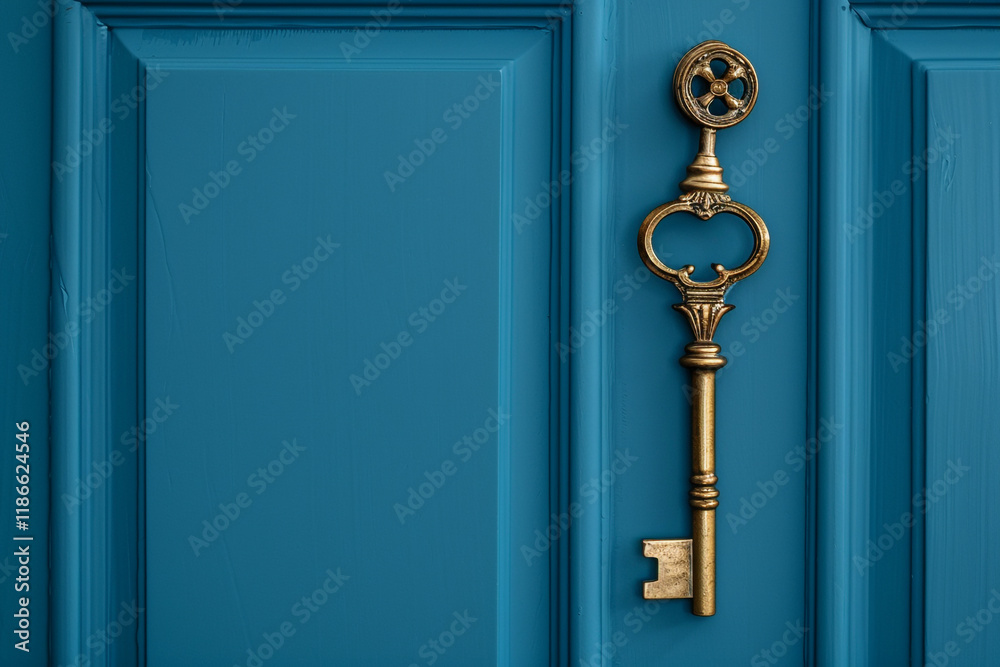Escape Room Concept – Key on Blue Background with Copy Space Escape Room Concept – Key on Blue Background with Copy Space