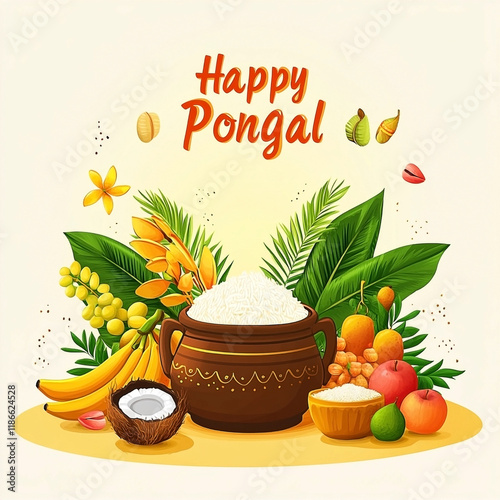 Traditional Pongal Festival Scene with Decorative Pot Fruits and Sugarcane