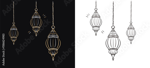 Set of golden and black hand drawn linear traditional Muslim lanterns on white and dark background as a Muslim decor for Islamic designs. Illustration of outline hanging lamps