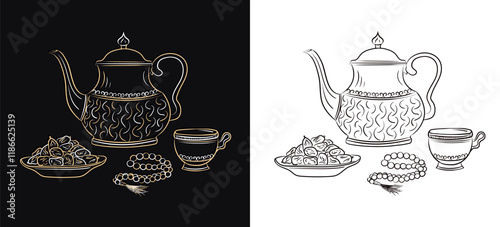 Hand drawn linear golden antique Arabic kettle, teacup, Muslim rosary praying beads and dates in a bowl as a dish for Iftari isolated on white and black background. Ramadan Kareem, Eid Mubarak
