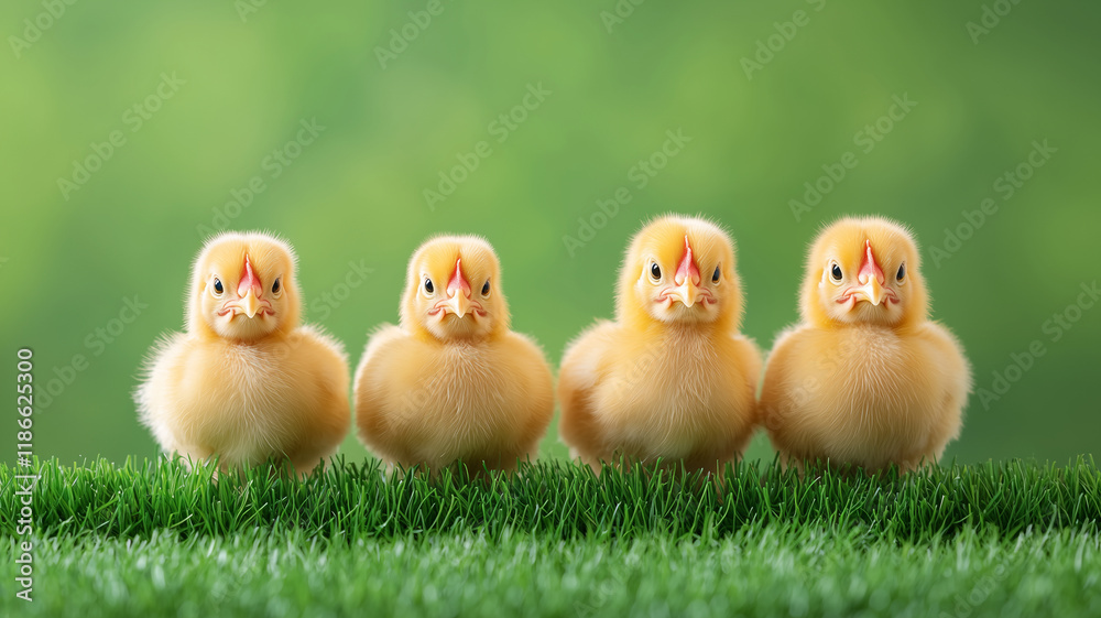 Fluffy yellow chicks standing in row on green grass, showcasing their adorable expressions and soft feathers. Perfect for springtime themes and animal photography
