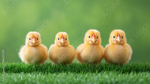 Obraz na płótnie Fluffy yellow chicks standing in row on green grass, showcasing their adorable expressions and soft feathers. Perfect for springtime themes and animal photography w salonie