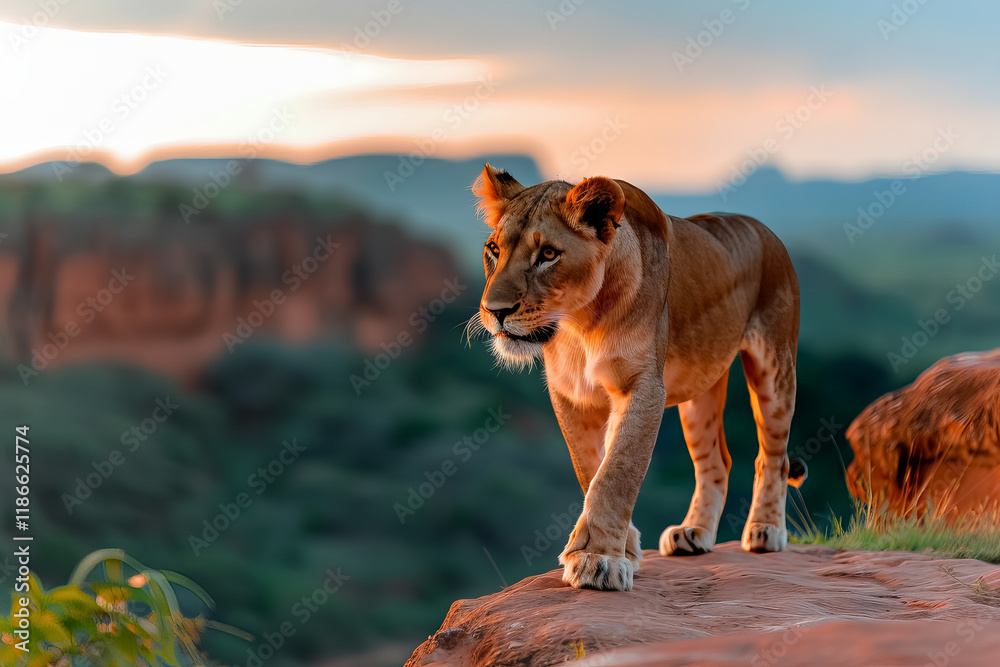A lion is walking on a rocky hillside