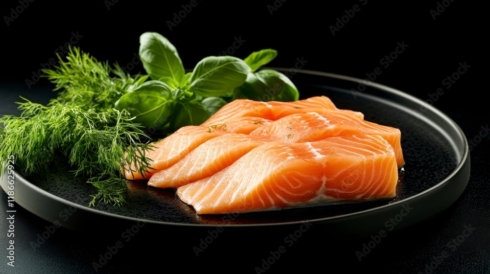 Salmon Fillet with Herbs: Succulent pieces of fresh salmon fillet, artfully arranged on a dark slate plate and garnished with fragrant dill and basil. A culinary masterpiece ready to be cooked. Salmon Fillet with Herbs: Succulent pieces of fresh salmon fillet, artfully arranged on a dark slate plate and garnished with fragrant dill and basil. A culinary masterpiece ready to be cooked.