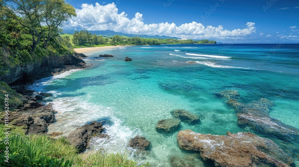 Obraz premium High-angle view of a beach with clear waters and gentle waves, surrounded by lush greenery, capturing the tranquility of the scene.
