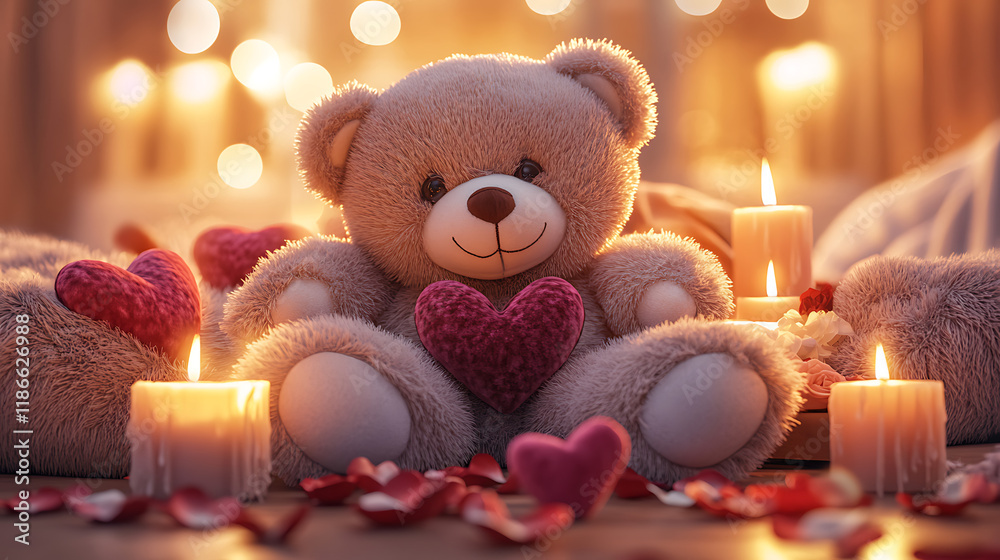 custom made wallpaper toronto digitalA teddy bear surrounded by plush hearts, sitting in a romantic atmosphere with soft glowing candles and rose petals scattered on a table. 