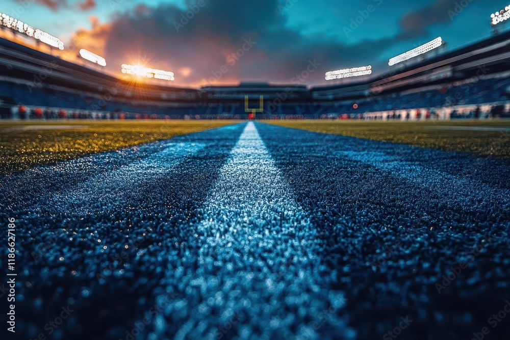 Naklejka premium vibrant american football stadium under dramatic night lights with empty field, goal posts casting long shadows, and illuminated bleachers creating atmospheric sports scene