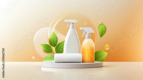 Illustration of eco-friendly cleaning products like natural detergents and reble cloths promoting a sustainable home. photo