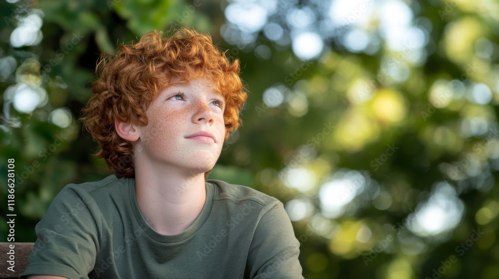 Red-Haired Boy Contemplating: A portrait of a boy with vibrant red curly hair, freckles, and a thoughtful expression, gazing pensively upward against a backdrop of sun-dappled green foliage. Red-Haired Boy Contemplating: A portrait of a boy with vibrant red curly hair, freckles, and a thoughtful expression, gazing pensively upward against a backdrop of sun-dappled green foliage.