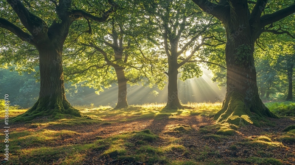 Naklejka premium Sunbeams Filter Through Lush Trees in Serene Forest Landscape