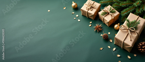 A festive arrangement of wrapped gifts with golden ornaments on a green backdrop. photo