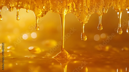 Golden honey glistening with smooth reflective surface photo