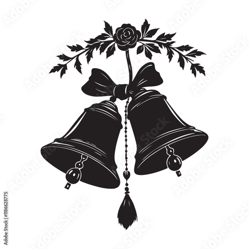 Elegant Black and White Silhouette of Two Bells with Floral Accents