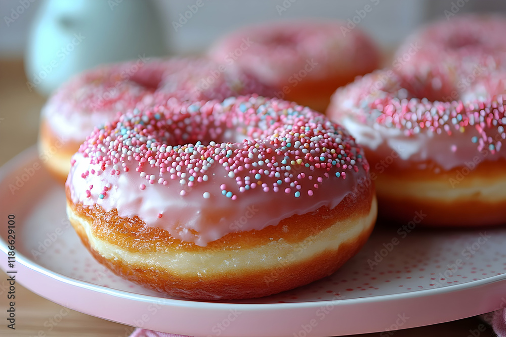Close-up of Pink Glazed Donuts with Sprinkles on a Plate Close-up of Pink Glazed Donuts with Sprinkles on a Plate