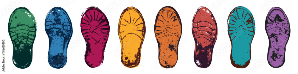 Footprints human shoes, vector set. Traces of boot. Colorful silhouette shoe sole traces Footprints human shoes, vector set. Traces of boot. Colorful silhouette shoe sole traces