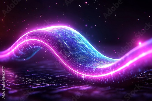 Captivating chromatic wave of quantum energy shimmering and fluctuating through a vibrant mesmerizing futuristic digital cityscape with iridescent optical phenomena neon infused chiaroscuro lighting photo