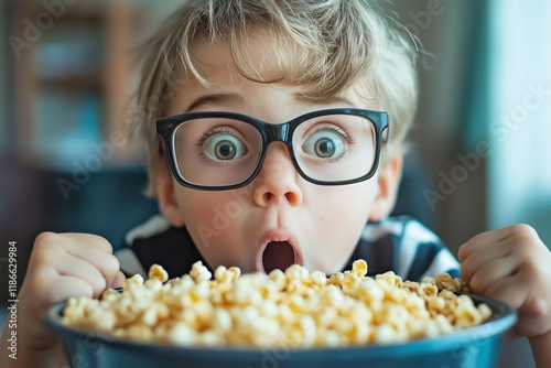 A child’s surprised expression while gazing at a large bowl of popcorn, capturing excitement and joy. photo