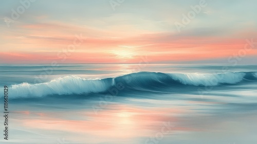 Sea at sunrise with gentle waves and soft light reflecting off the water, creating a serene and peaceful mood