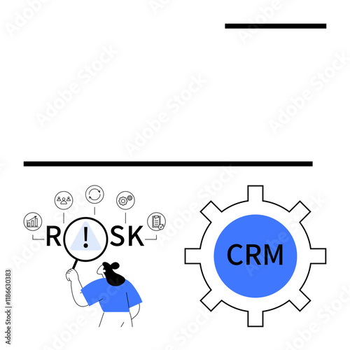 Person examining risk with a magnifying glass, icons representing factors, CRM tool in gear. Ideal for risk analysis, data management, CRM tools, strategy, teamwork, process abstract line flat