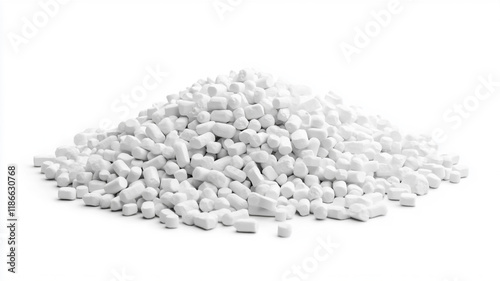 White Packing Peanuts Pile Close up Studio Shot Packaging Material Fillers Bulk Isolated on White
