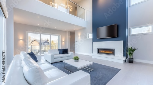 Wallpaper Mural Stylish living room with a navy blue accent wall and sleek white furniture. Torontodigital.ca