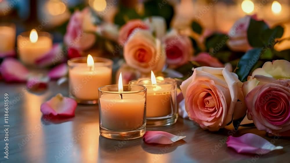 Roses and candles glowing softly, peaceful remembrance