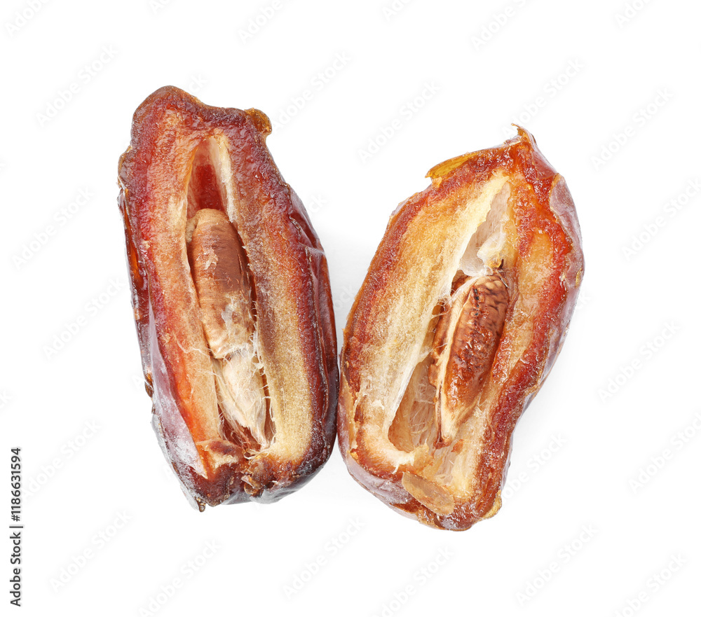 Pieces of dried date isolated on white, top view Pieces of dried date isolated on white, top view