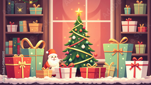 A festive scene featuring a decorated Christmas tree, colorful gifts, and a cheerful Santa. photo