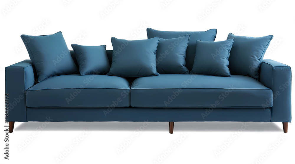 Obraz premium Comfortable Blue Sofa with Pillows: A plush, inviting blue sofa with multiple pillows, perfect for relaxing and enjoying a cozy evening.