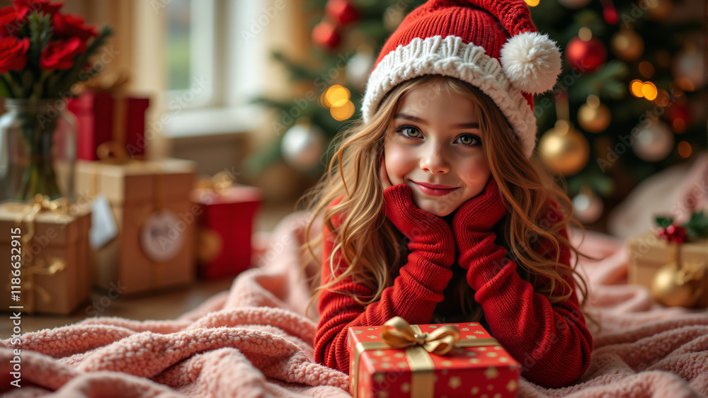 A cheerful girl in a red hat lays by Christmas gifts, radiating festive joy and warmth. A cheerful girl in a red hat lays by Christmas gifts, radiating festive joy and warmth.